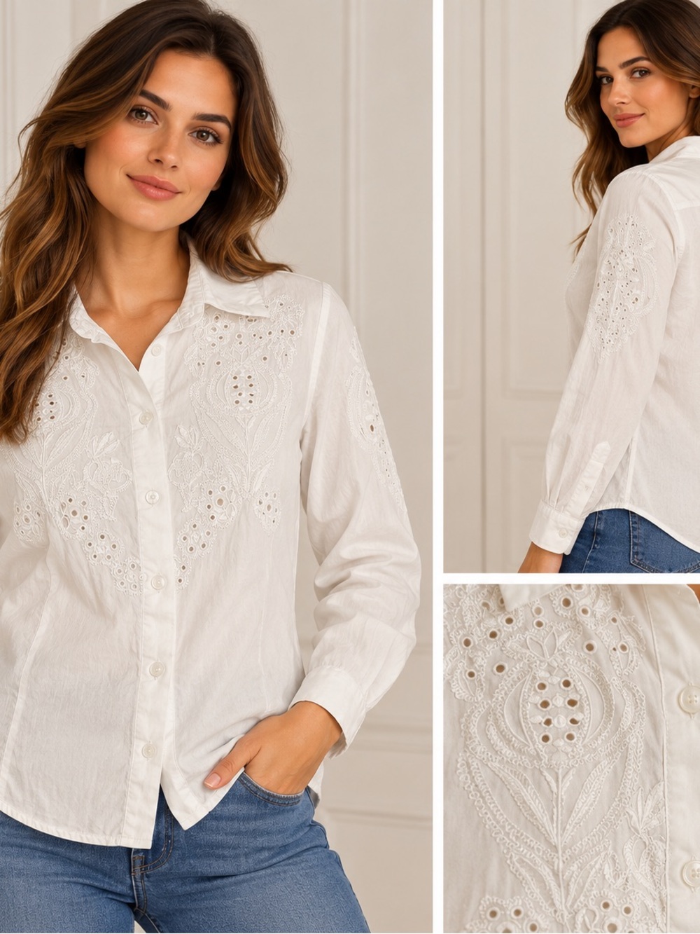 LC Lizette Collection Women’s L White Embroidered Button Front Blouse